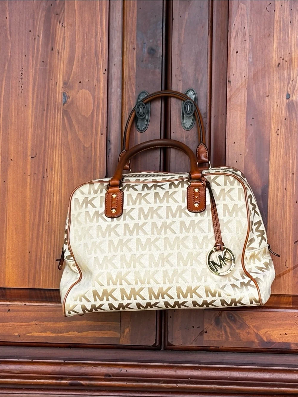 Michael Kors Beige and Brown Logo Satchel with Gold MK Charm